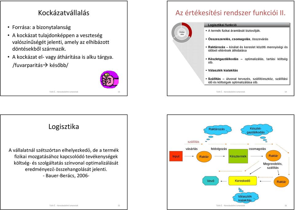 Összeszerelés, csomagolás, összevárás Raktározás kínálat és kereslet közötti mennyiségi és időbeli eltérések áthidalása Készletgazdálkodás optimalizálás, tartási költség stb.