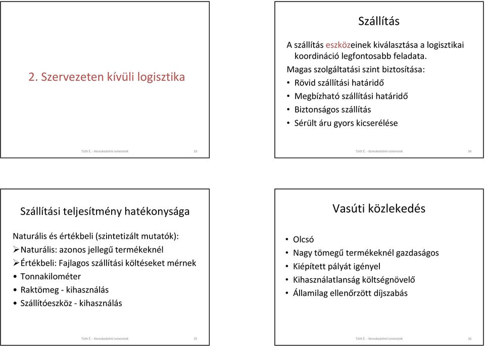 - Kereskedelmi ismeretek 34 Szállítási teljesítmény hatékonysága Vasúti közlekedés Naturális és értékbeli (szintetizált mutatók): Naturális: azonos jellegű termékeknél Értékbeli: Fajlagos szállítási