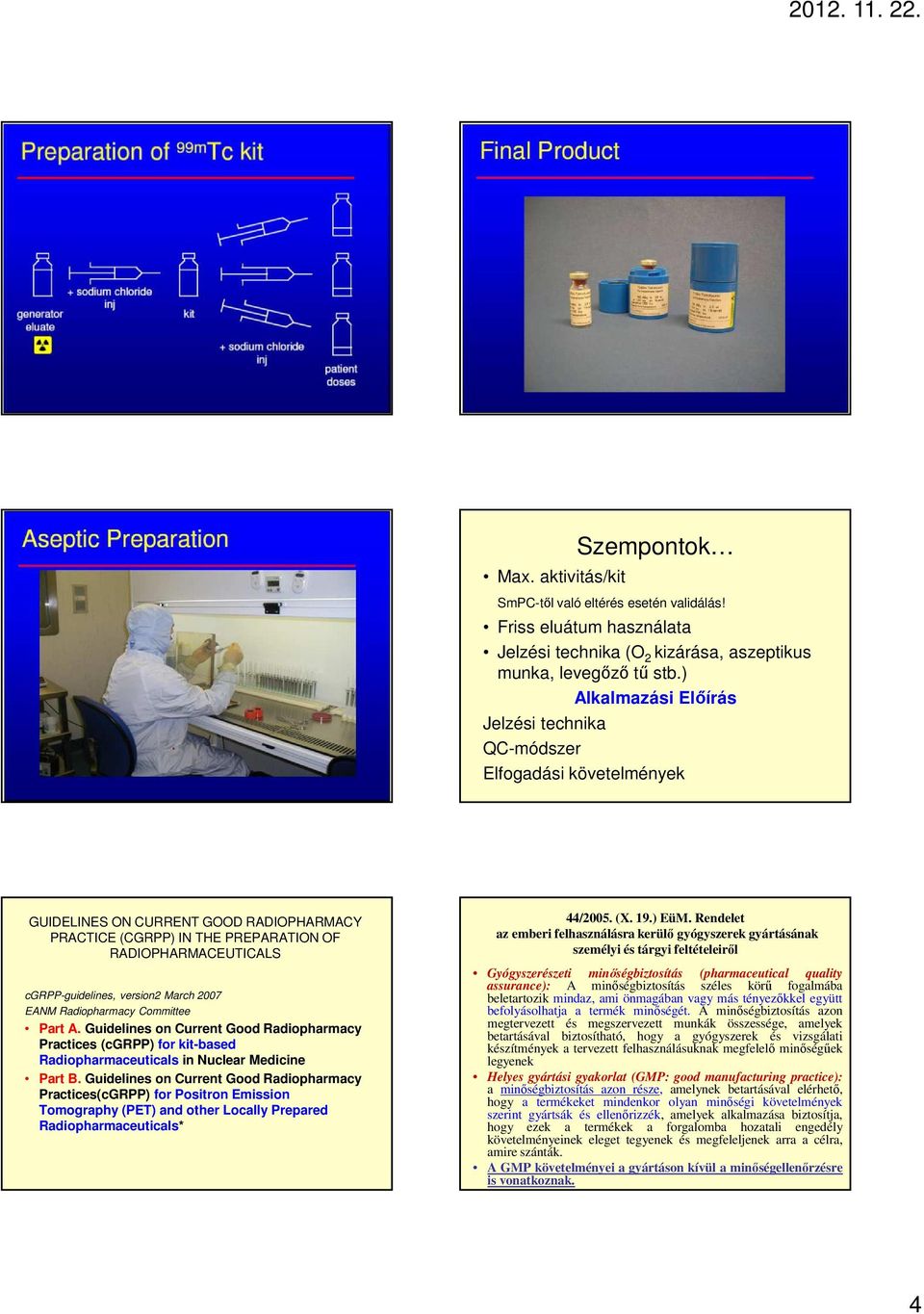 version2 March 2007 EANM Radiopharmacy Committee Part A. Guidelines on Current Good Radiopharmacy Practices (cgrpp) for kit-based Radiopharmaceuticals in Nuclear Medicine Part B.