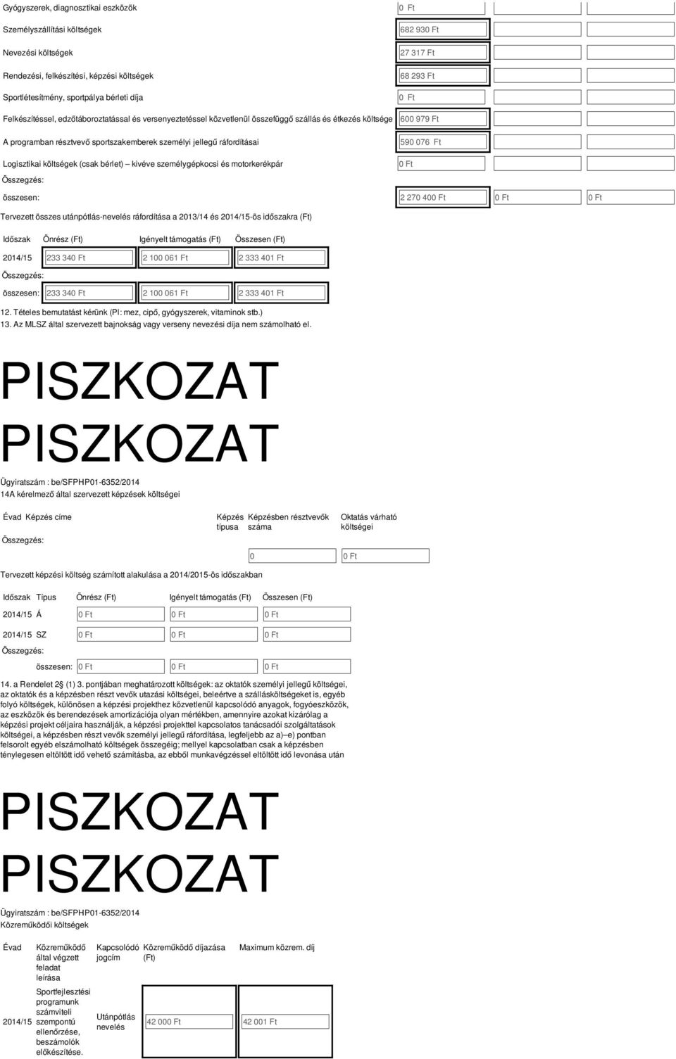 kivéve személygépkocsi és motorkerékpár 0 Ft 682 930 Ft 27 317 Ft 68 293 Ft 0 Ft 600 979 Ft 590 076 Ft 0 Ft összesen: 2 270 400 Ft 0 Ft 0 Ft Tervezett összes utánpótlás-nevelés ráfordítása a 2013/14