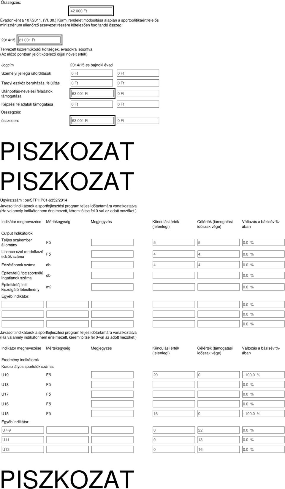 pontban jelölt kötelező díjjal növelt érték) Jogcím -es bajnoki évad Személyi jellegű ráfordítások 0 Ft 0 Ft Tárgyi eszköz beruházás, felújítás 0 Ft 0 Ft Utánpótlás-nevelési feladatok támogatása 63