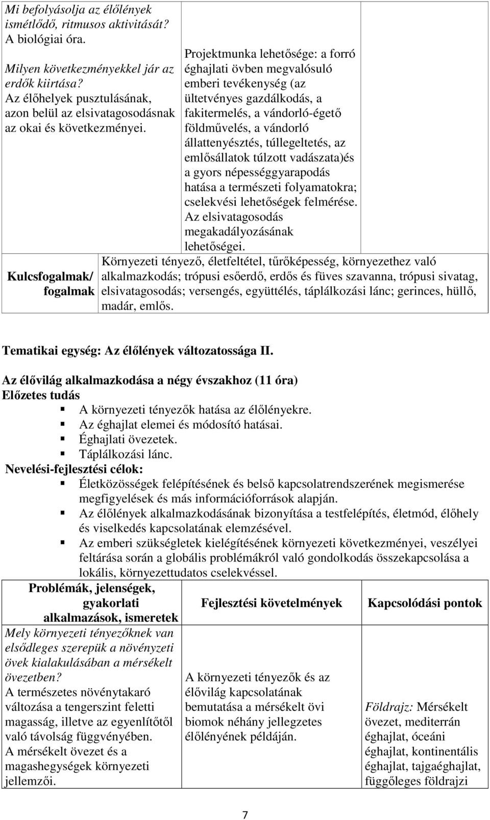 Kulcsfogalmak/ fogalmak Projektmunka lehetősége: a forró éghajlati övben megvalósuló emberi tevékenység (az ültetvényes gazdálkodás, a fakitermelés, a vándorló-égető földművelés, a vándorló