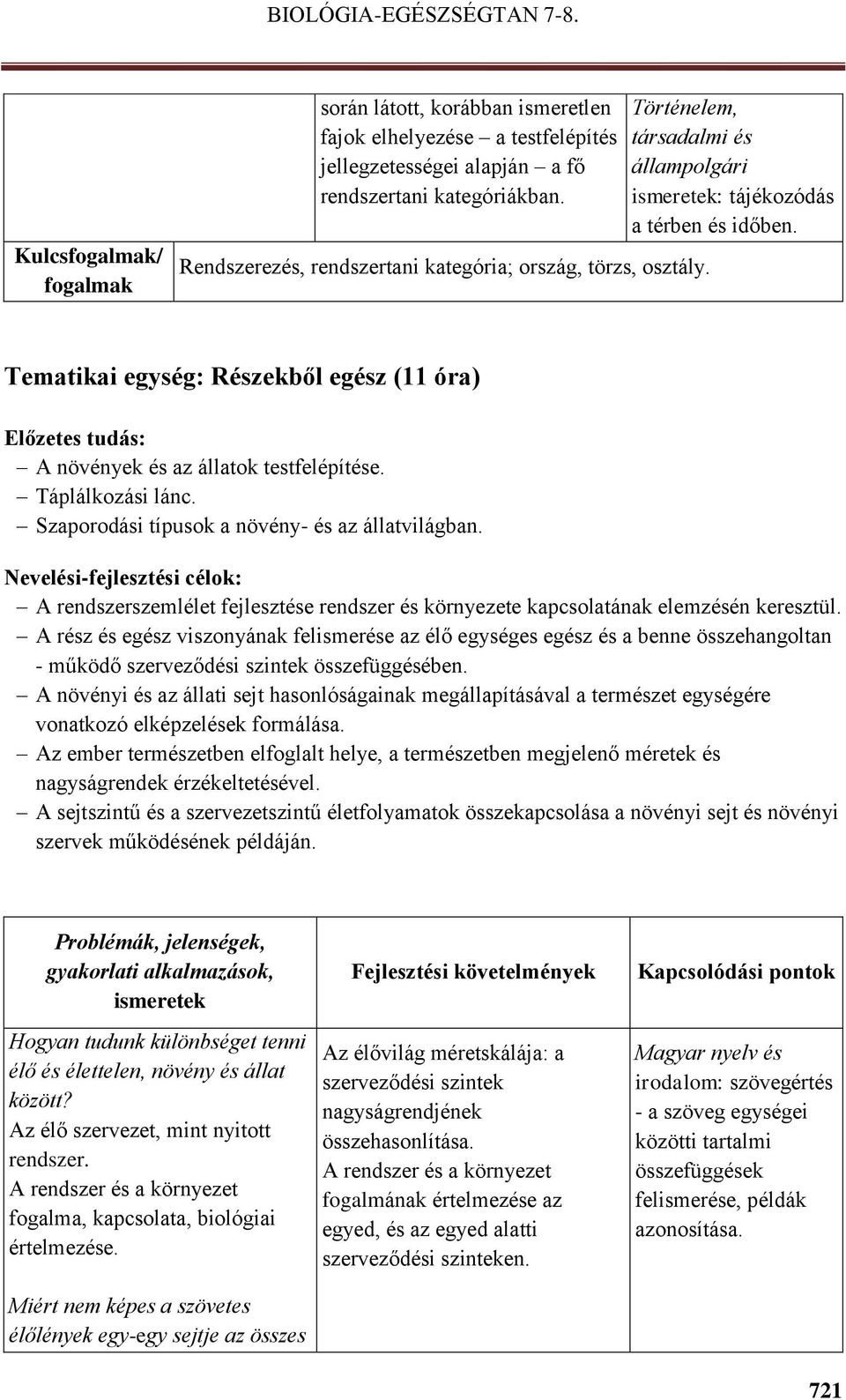 Tematikai egység: Részekből egész (11 óra) Előzetes tudás: A növények és az állatok testfelépítése. Táplálkozási lánc. Szaporodási típusok a növény- és az állatvilágban.