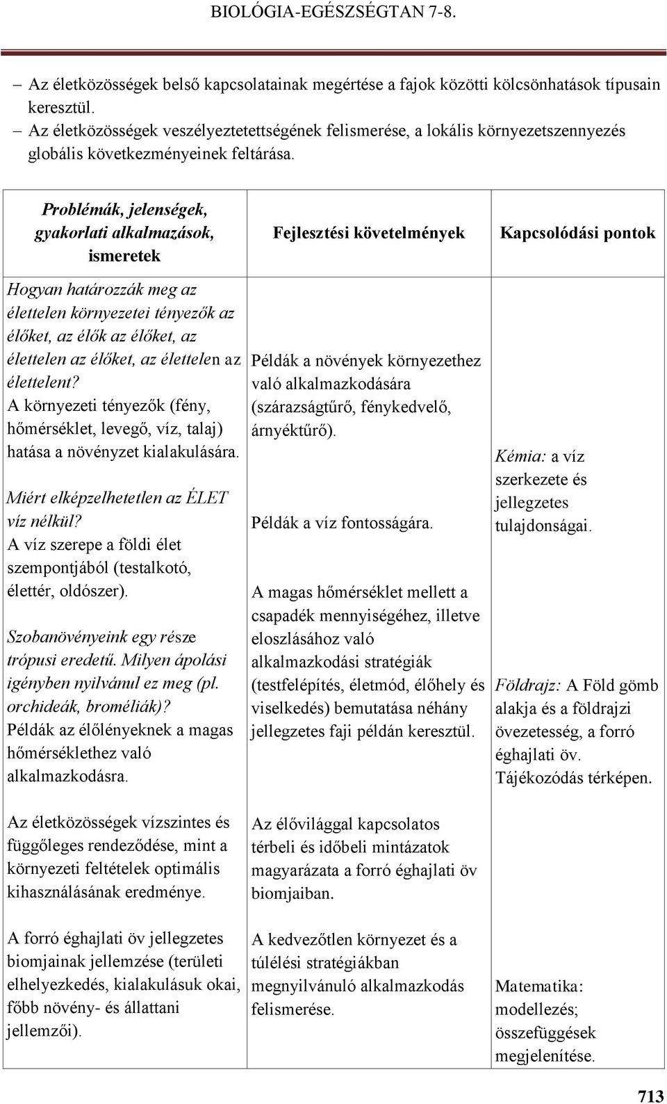 Problémák, jelenségek, gyakorlati alkalmazások, ismeretek Fejlesztési követelmények Kapcsolódási pontok Hogyan határozzák meg az élettelen környezetei tényezők az élőket, az élők az élőket, az