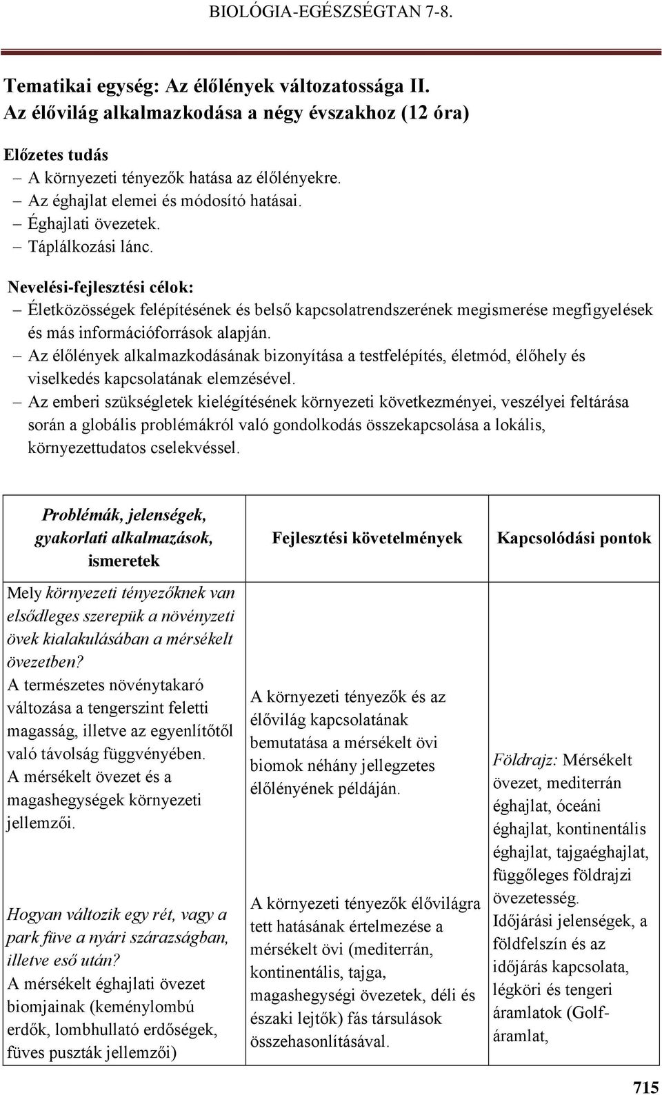 Nevelési-fejlesztési célok: Életközösségek felépítésének és belső kapcsolatrendszerének megismerése megfigyelések és más információforrások alapján.