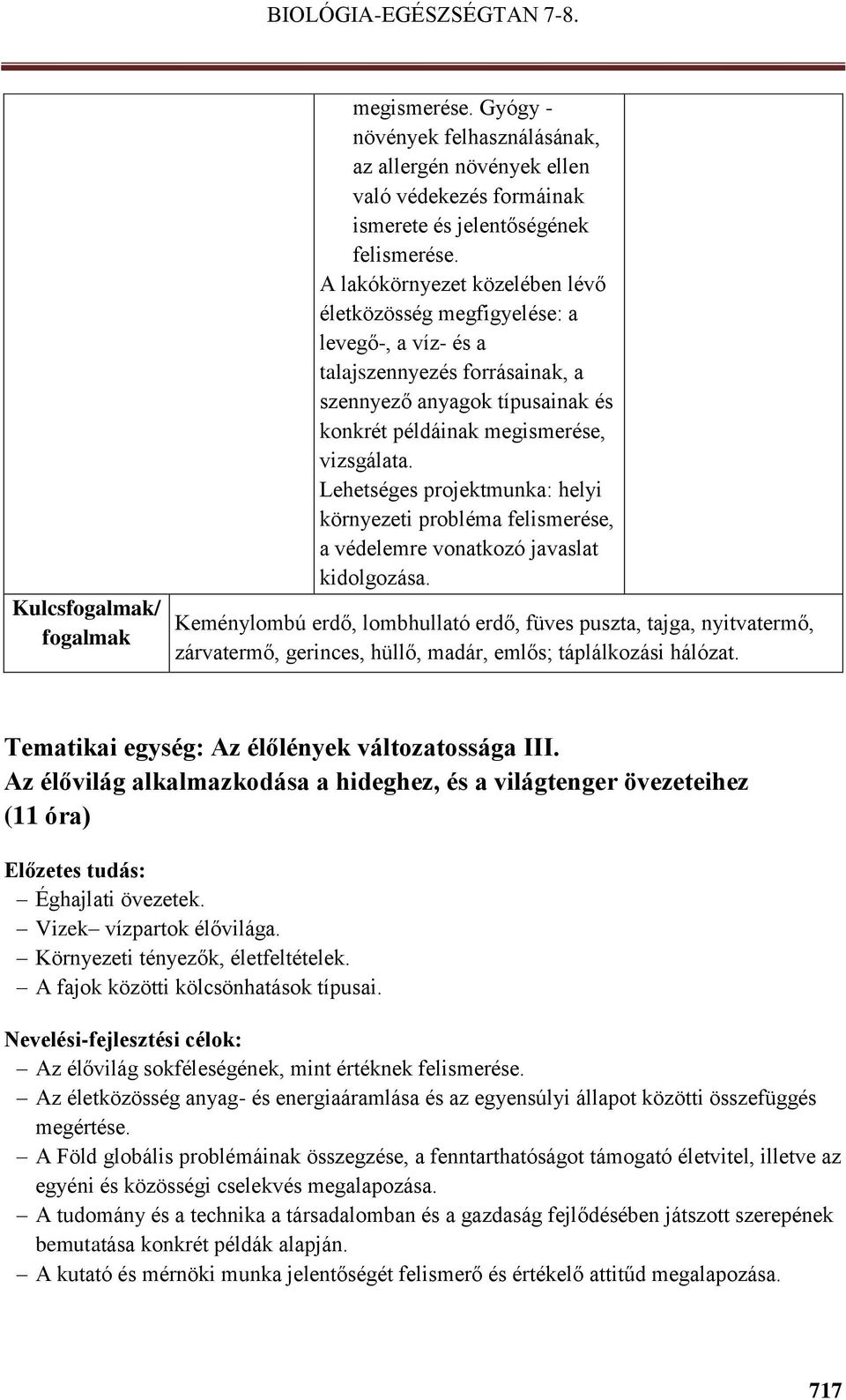 Lehetséges projektmunka: helyi környezeti probléma felismerése, a védelemre vonatkozó javaslat kidolgozása.