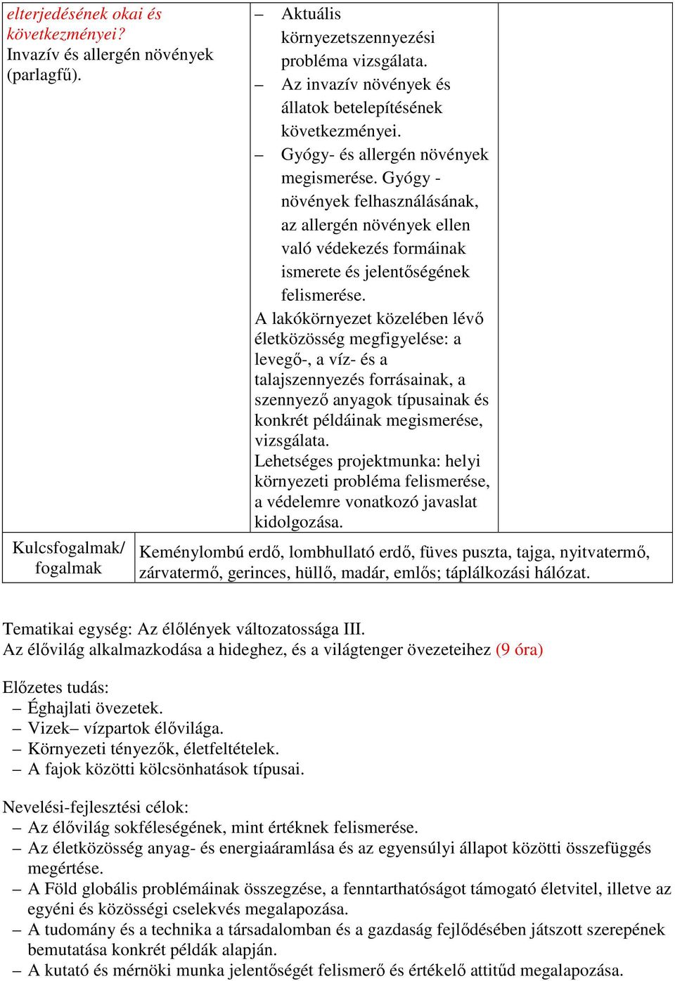 Gyógy - növények felhasználásának, az allergén növények ellen való védekezés formáinak ismerete és jelentőségének felismerése.