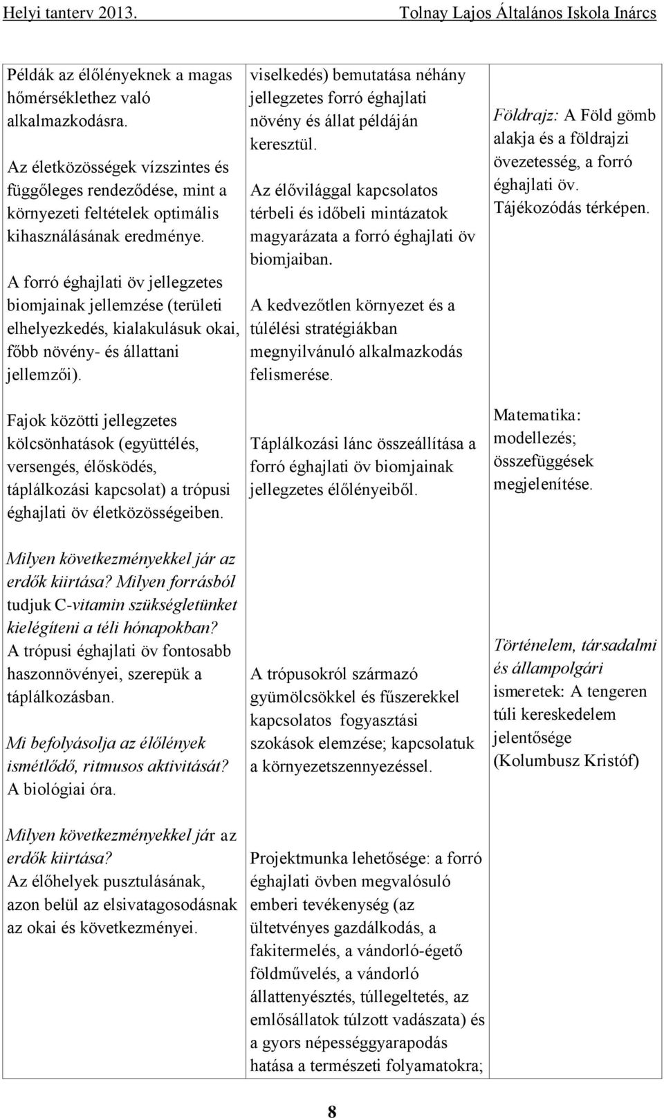 viselkedés) bemutatása néhány jellegzetes forró éghajlati növény és állat példáján keresztül. Az élővilággal kapcsolatos térbeli és időbeli mintázatok magyarázata a forró éghajlati öv biomjaiban.