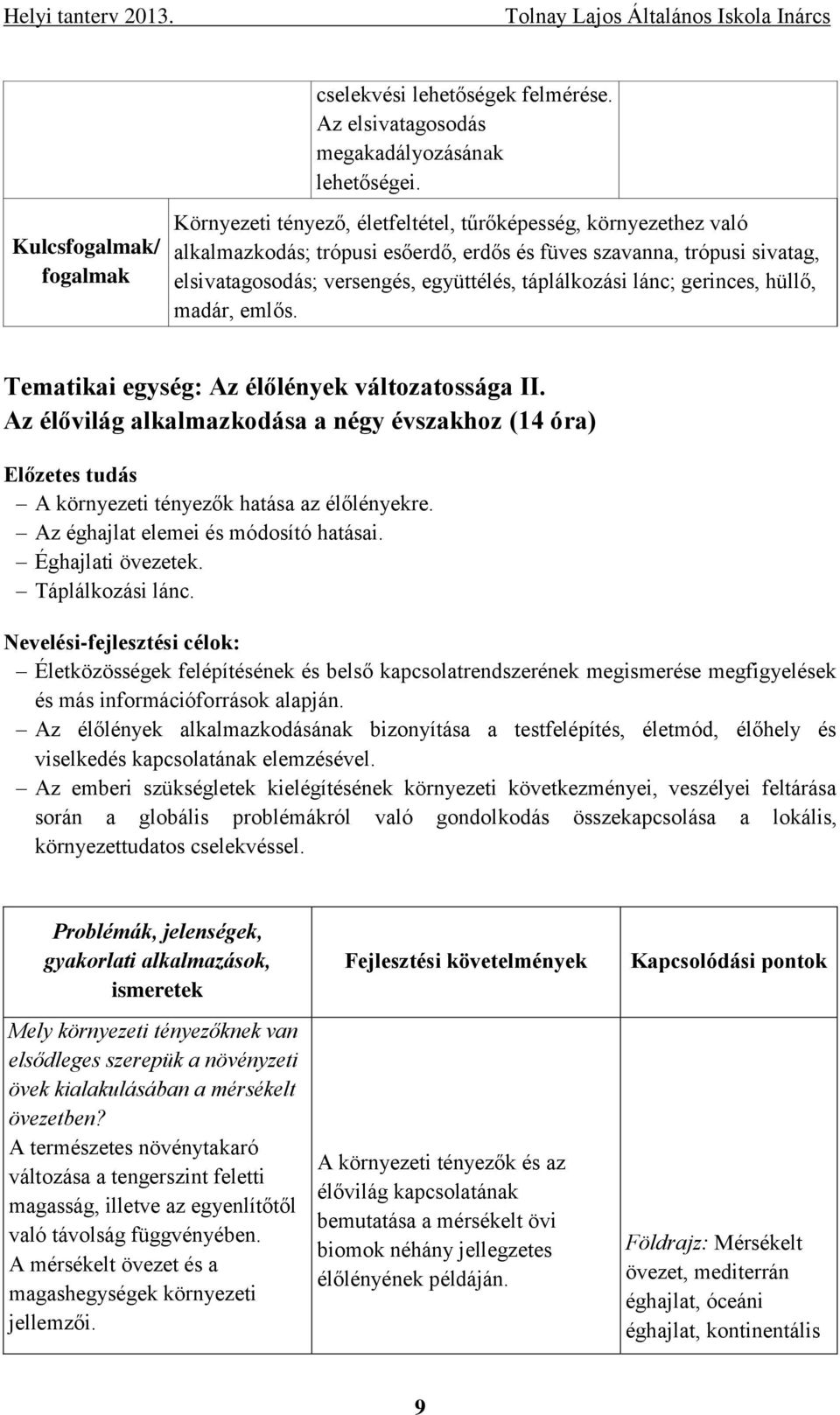 együttélés, táplálkozási lánc; gerinces, hüllő, madár, emlős. Tematikai egység: Az élőlények változatossága II.