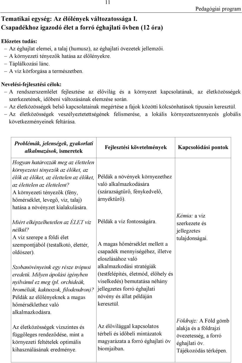 Nevelési-fejlesztési célok: A rendszerszemlélet fejlesztése az élővilág és a környezet kapcsolatának, az életközösségek szerkezetének, időbeni változásának elemzése során.