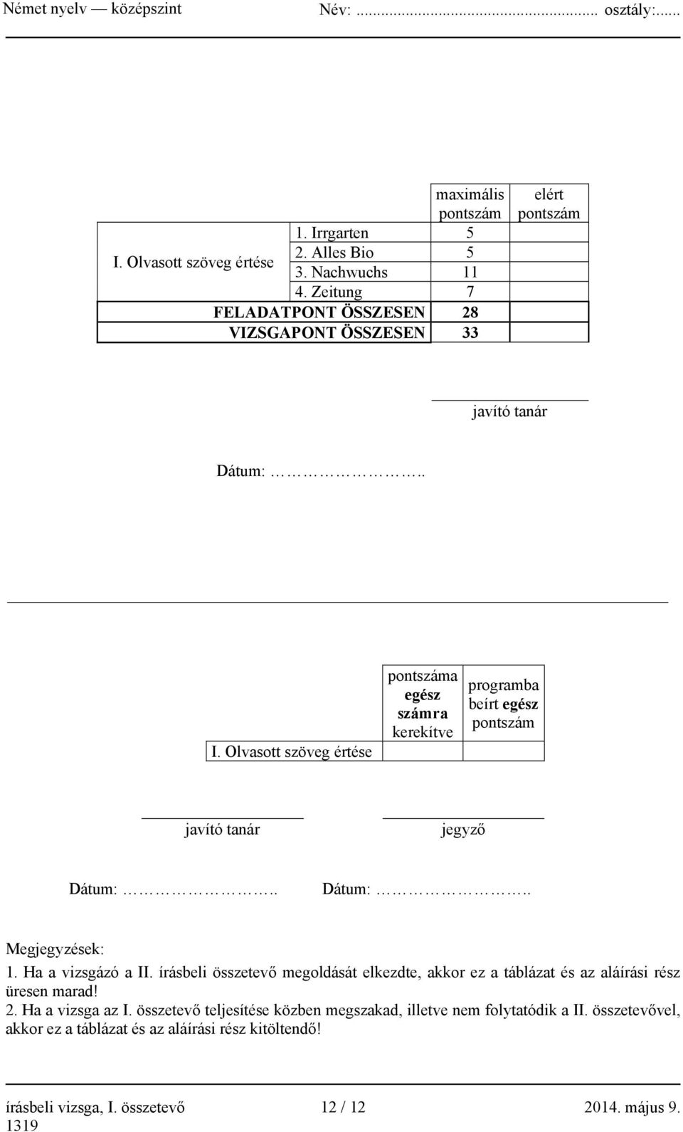 Olvasott szöveg értése pontszáma egész számra kerekítve programba beírt egész pontszám javító tanár jegyző Dátum:.. Dátum:.. Megjegyzések: 1. Ha a vizsgázó a II.