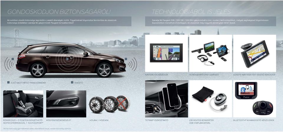 TECHNOLÓGIÁBÓL IS JELES Szerelje fel Peugeot 508 / 508 SW / 508 RXH gépjárművét a mai, modern technológiákkal, melyek segítségével folyamatosan kapcsolatban maradhat a külvilággal, és utasainak még