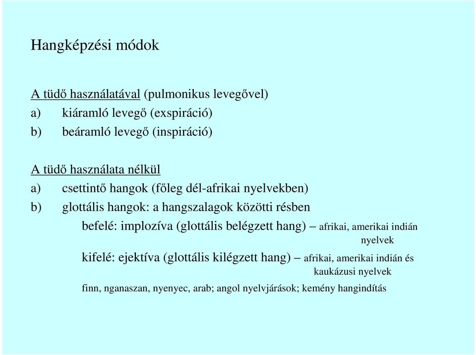 hangszalagok közötti résben befelé: implozíva (glottális belégzett hang) afrikai, amerikai indián nyelvek kifelé: ejektíva