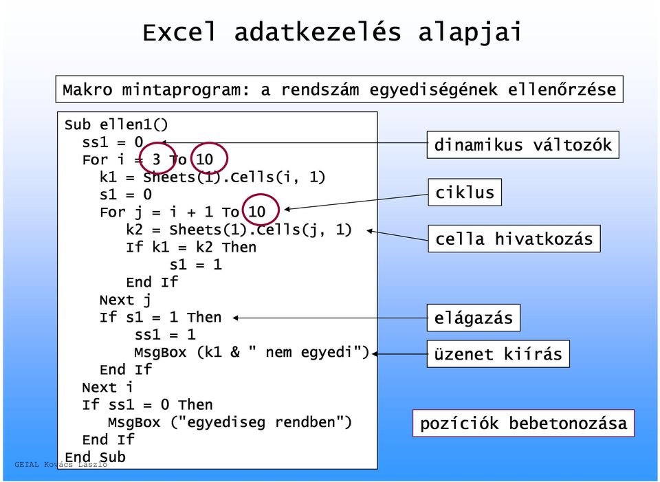 Cells(j, 1) If k1 = k2 Then s1 = 1 End If Next j If s1 = 1 Then ss1 = 1 MsgBox (k1 & " nem egyedi") End If Next i If ss1