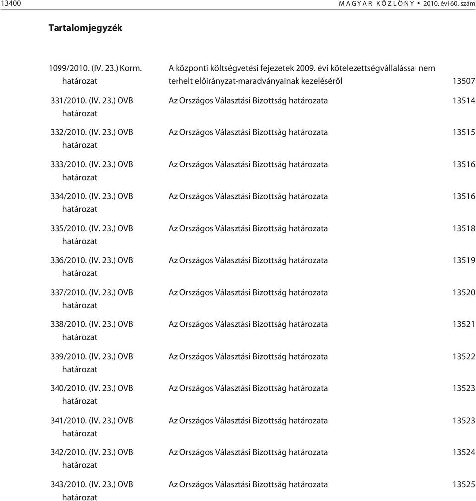 (IV. 23.) OVB határozat 341/2010. (IV. 23.) OVB határozat 342/2010. (IV. 23.) OVB határozat 343/2010. (IV. 23.) OVB határozat A központi költségvetési fejezetek 2009.