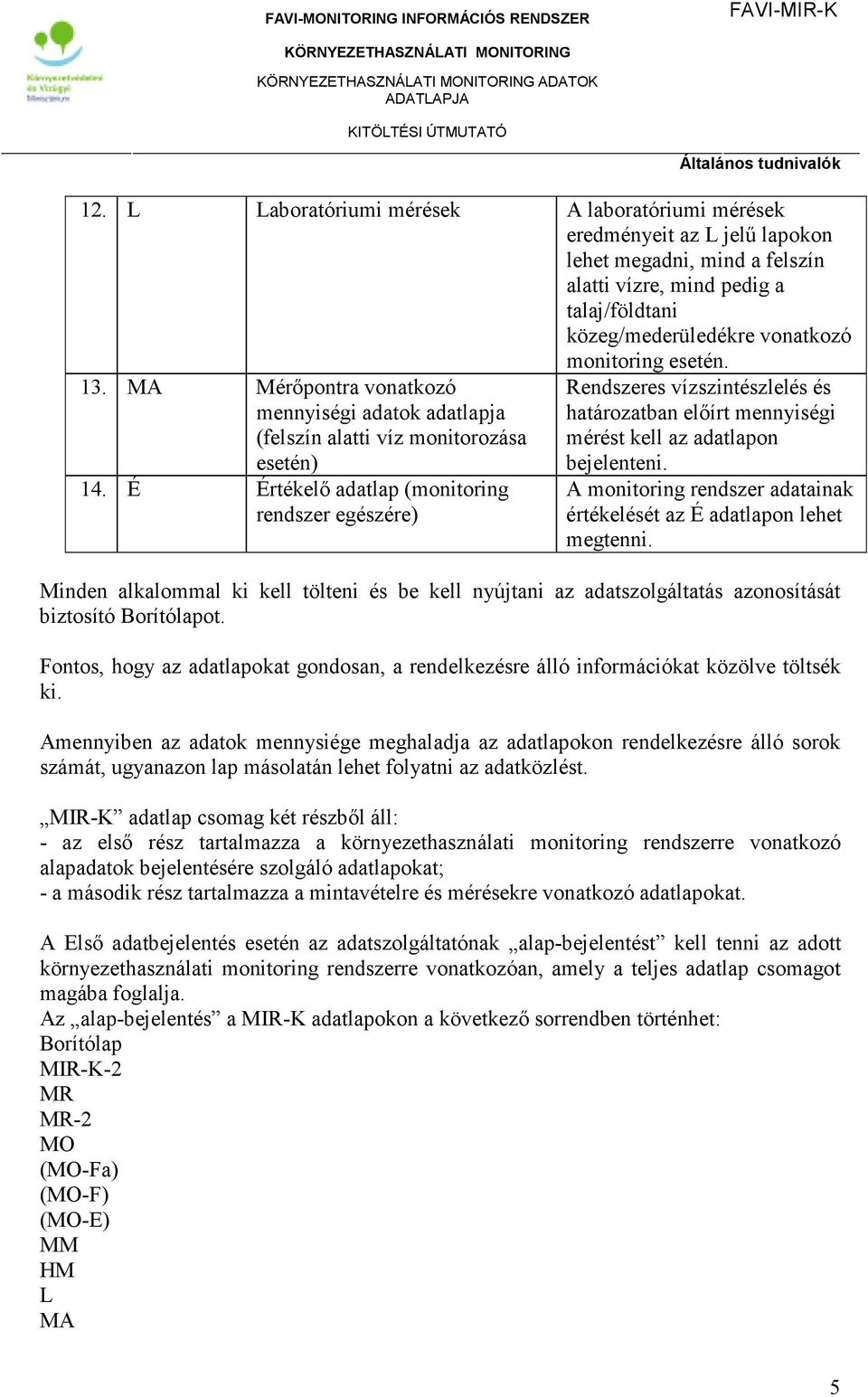 13. MA Mérıpontra vonatkozó mennyiségi adatok adatlapja (felszín alatti víz monitorozása esetén) 14.