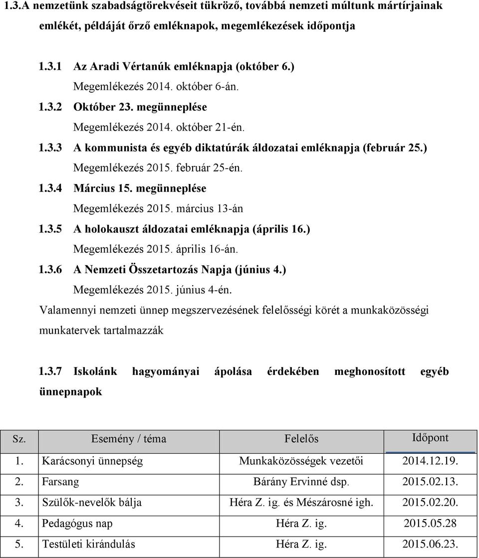 február 25-én. 1.3.4 Március 15. megünneplése Megemlékezés 2015. március 13-án 1.3.5 A holokauszt áldozatai emléknapja (április 16.) Megemlékezés 2015. április 16-án. 1.3.6 A Nemzeti Összetartozás Napja (június 4.