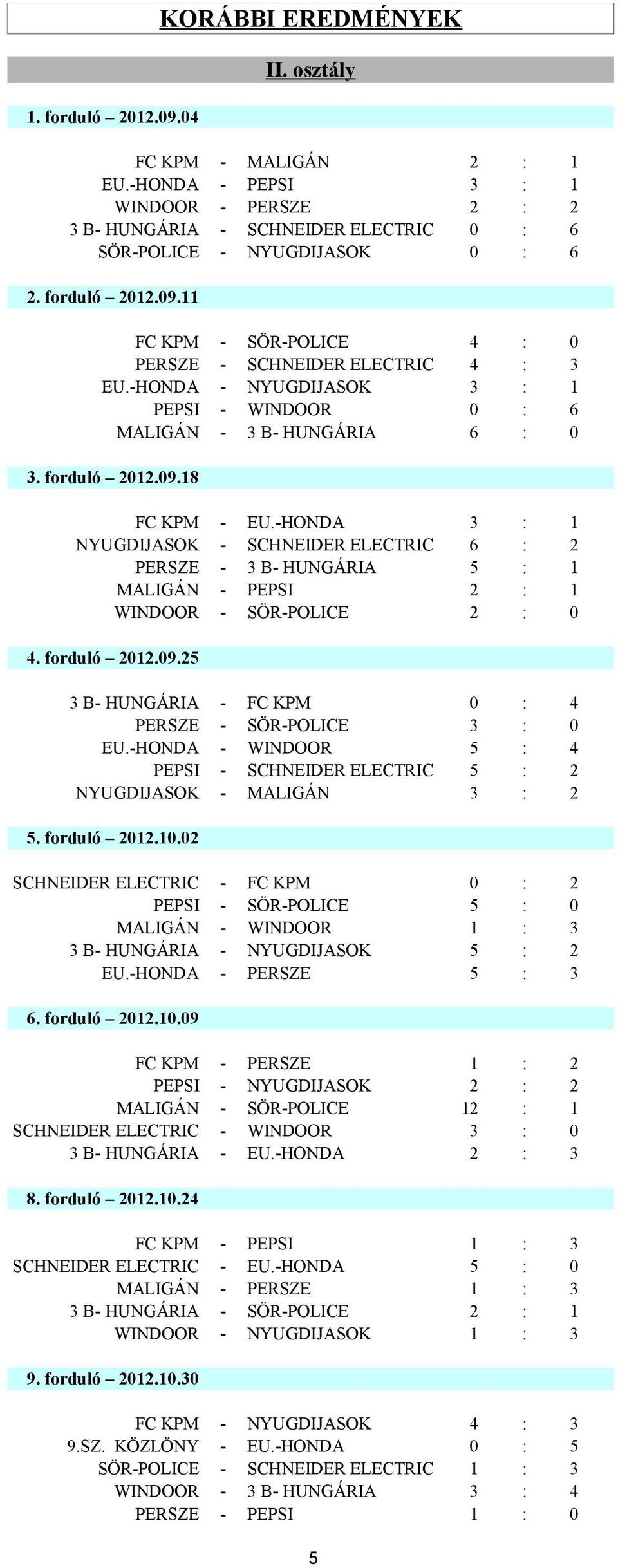 -HONDA 3 : 1 NYUGDIJASOK - SCHNEIDER ELECTRIC 6 : 2 PERSZE - 3 B- HUNGÁRIA 5 : 1 MALIGÁN - PEPSI 2 : 1 WINDOOR - SÖR-POLICE 2 : 0 4. forduló 2012.09.