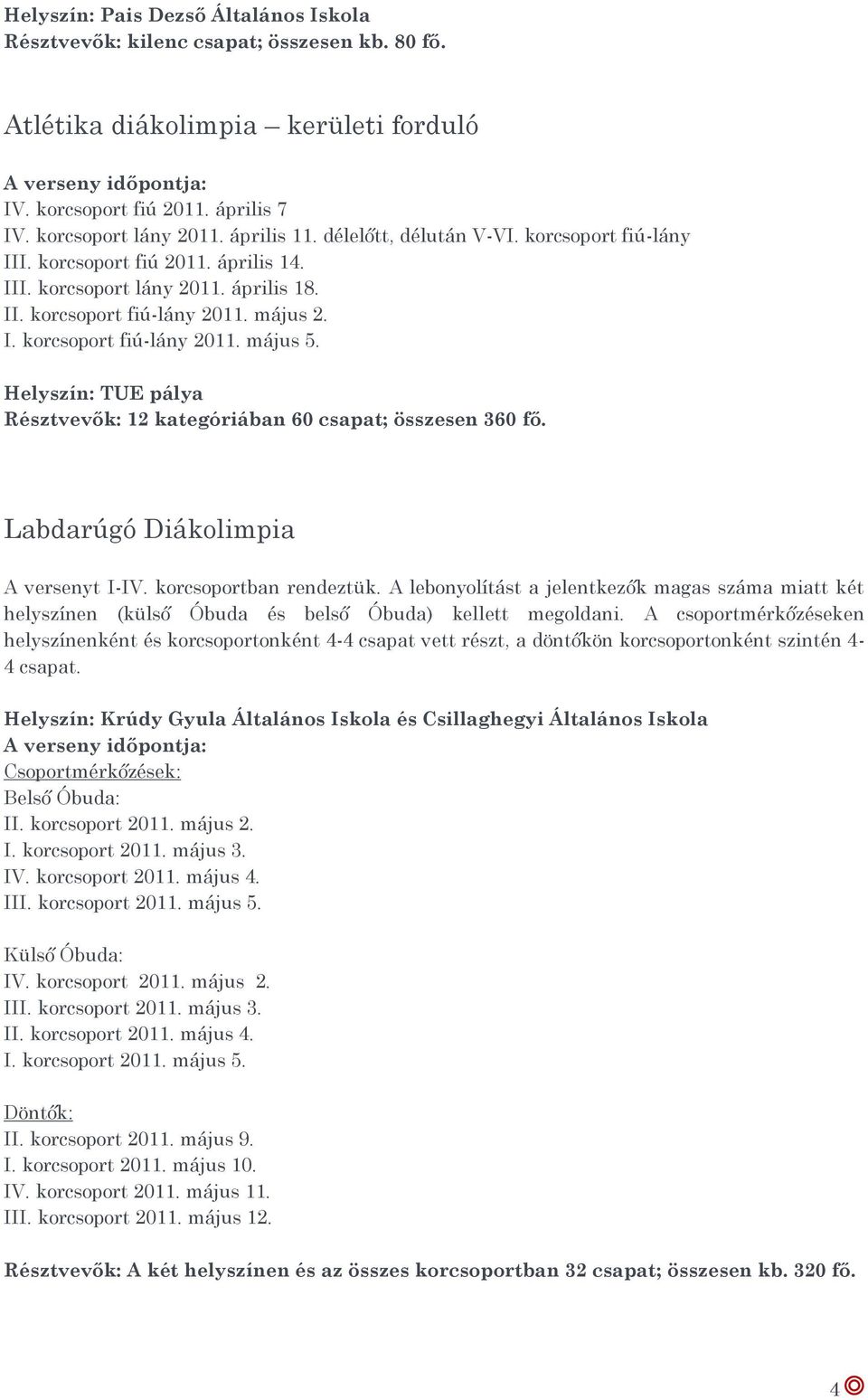 Helyszín: TUE pálya Résztvevők: 12 kategóriában 60 csapat; összesen 360 fő. Labdarúgó Diákolimpia A versenyt I-IV. korcsoportban rendeztük.