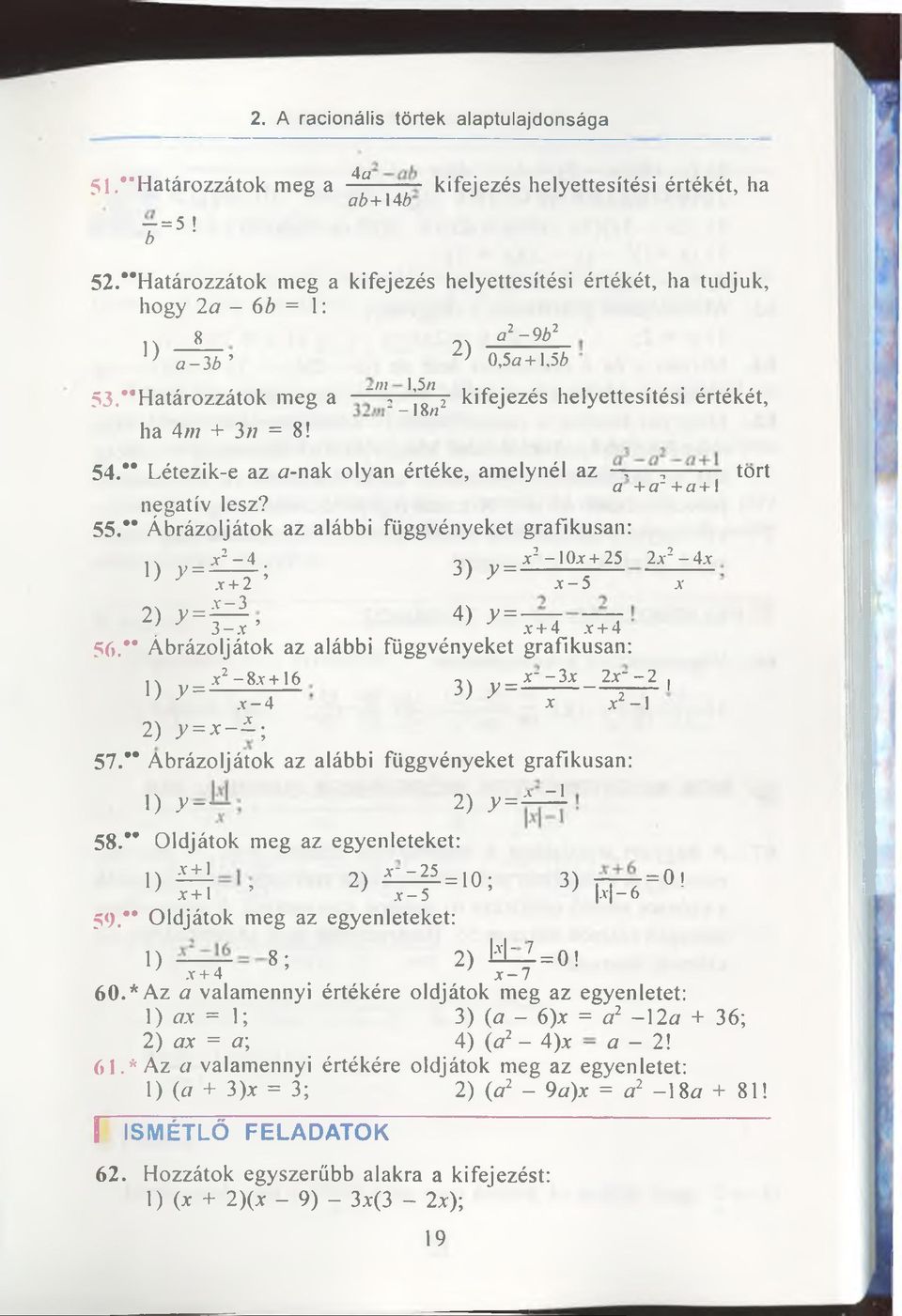 ~n\ *j^ 2 kifejezés helyettesitési értékét, 54. ** Létezik-e az a-nak olyan értéke, amelynél az,, tort a +a~+a+ 1 negativ lesz? 55. ** Âbrâzoljâtok az alâbbi fliggvényeket grafikusan: x2-4.