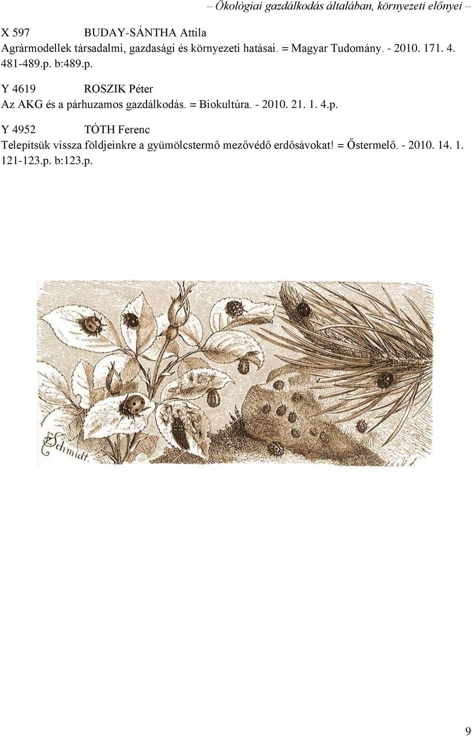 b:489.p. Y 4619 ROSZIK Péter Az AKG és a párhuzamos gazdálkodás. = Biokultúra. - 2010. 21. 1. 4.p. Y 4952 TÓTH Ferenc Telepítsük vissza földjeinkre a gyümölcstermő mezővédő erdősávokat!
