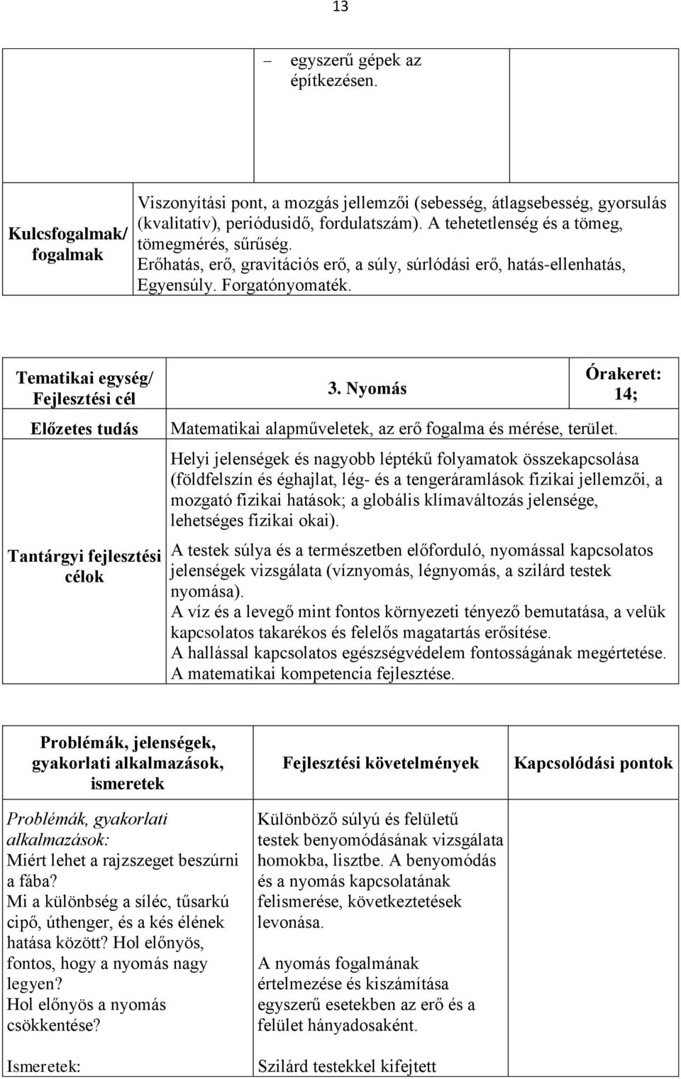 Tematikai egység/ Fejlesztési cél Előzetes tudás Tantárgyi fejlesztési célok 3. Nyomás Matematikai alapműveletek, az erő fogalma és mérése, terület.