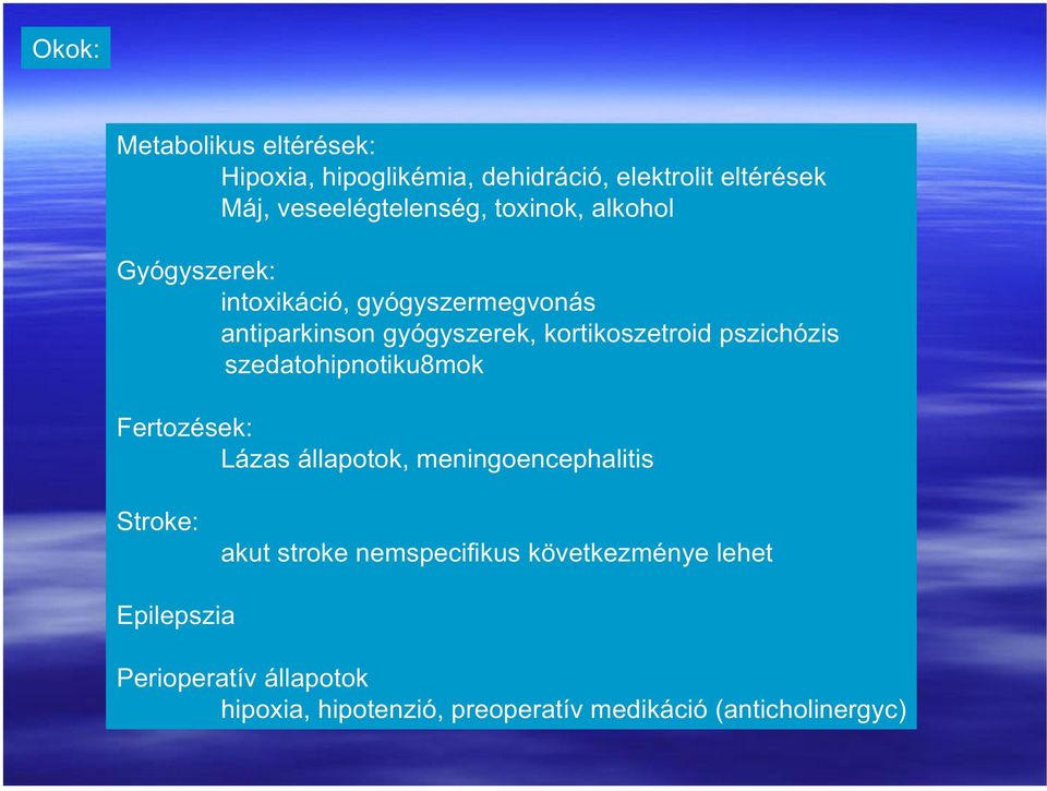 pszichózis szedatohipnotiku8mok Fertozések: Lázas állapotok, meningoencephalitis Stroke: akut stroke