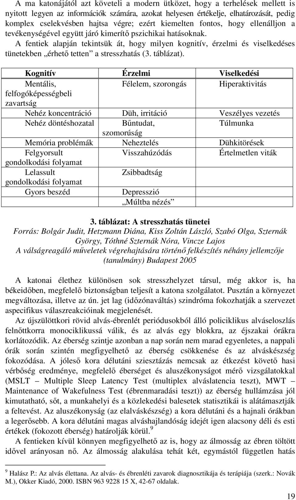 A fentiek alapján tekintsük át, hogy milyen kognitív, érzelmi és viselkedéses tünetekben érhetı tetten a stresszhatás (3. táblázat).