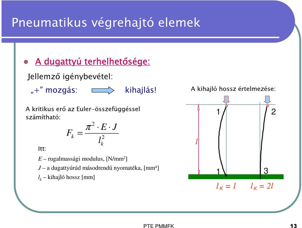 számítható: 2 E J Fk = π 2 lk Itt: E rugalmassági modulus, [N/mm 2 ] J a