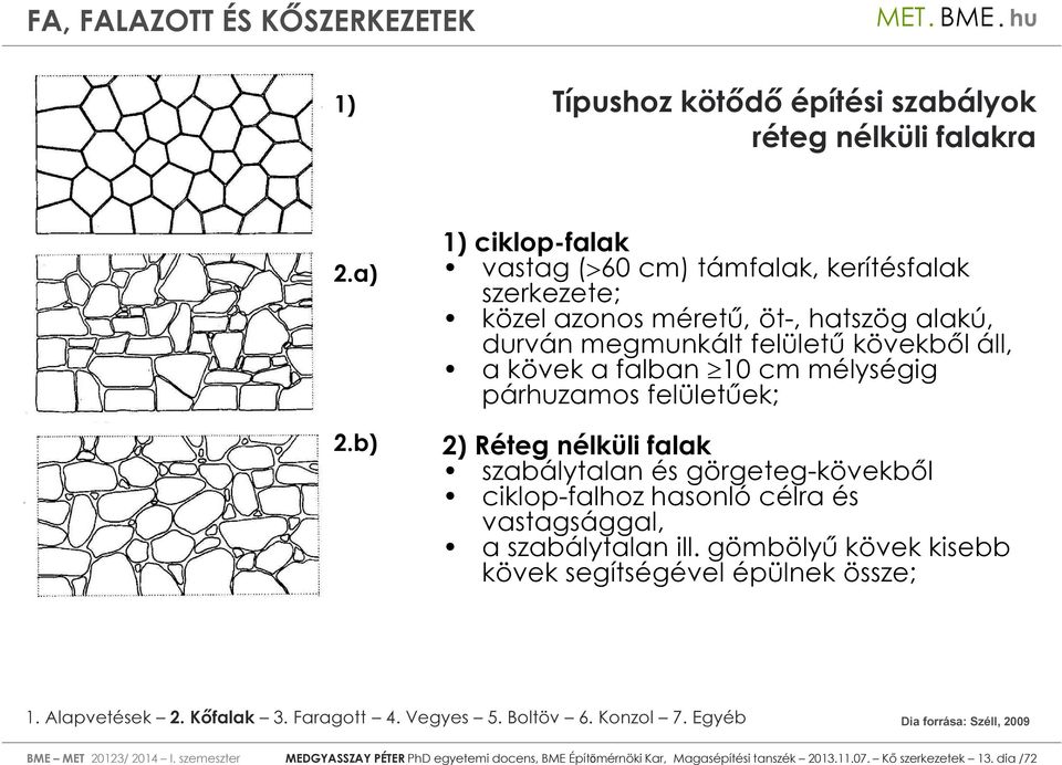 a kövek a falban 10 cm mélységig párhuzamos felületűek; 2) Réteg nélküli falak szabálytalan és görgeteg-kövekből ciklop-falhoz hasonló célra és
