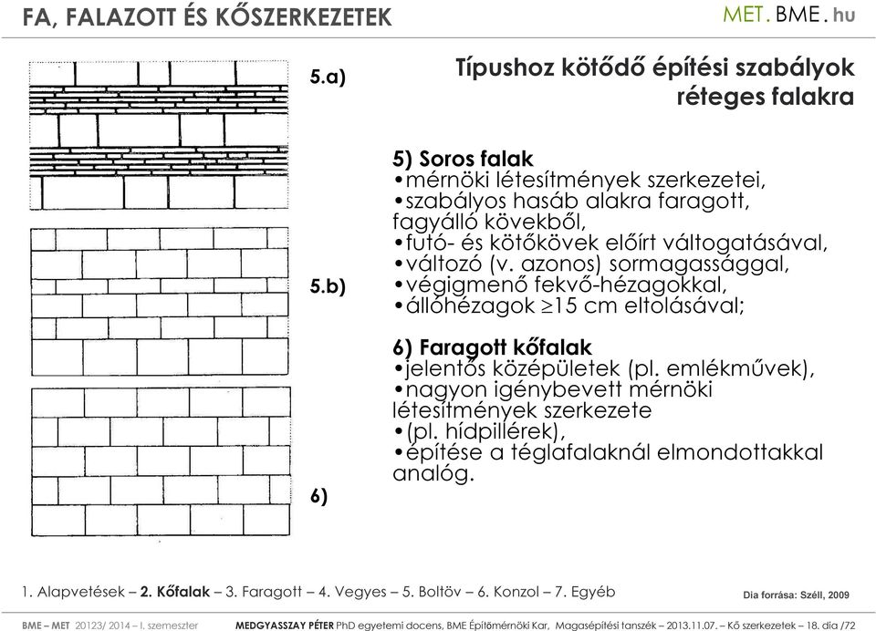 (v. azonos) sormagassággal, végigmenő fekvő-hézagokkal, állóhézagok 15 cm eltolásával; 6) Faragott kőfalak jelentős középületek (pl.