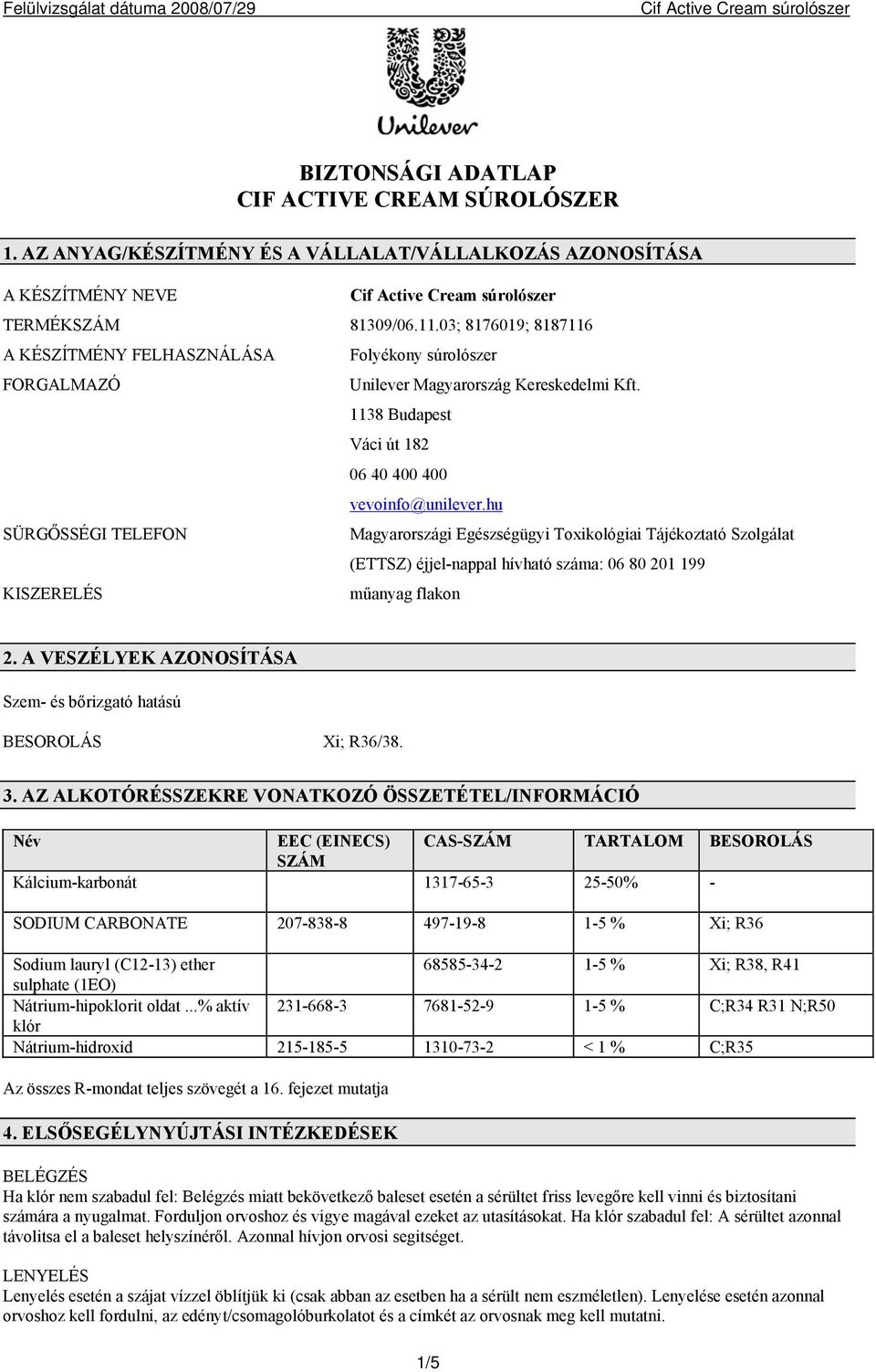 BIZTONSÁGI ADATLAP CIF ACTIVE CREAM SÚROLÓSZER - PDF Ingyenes letöltés