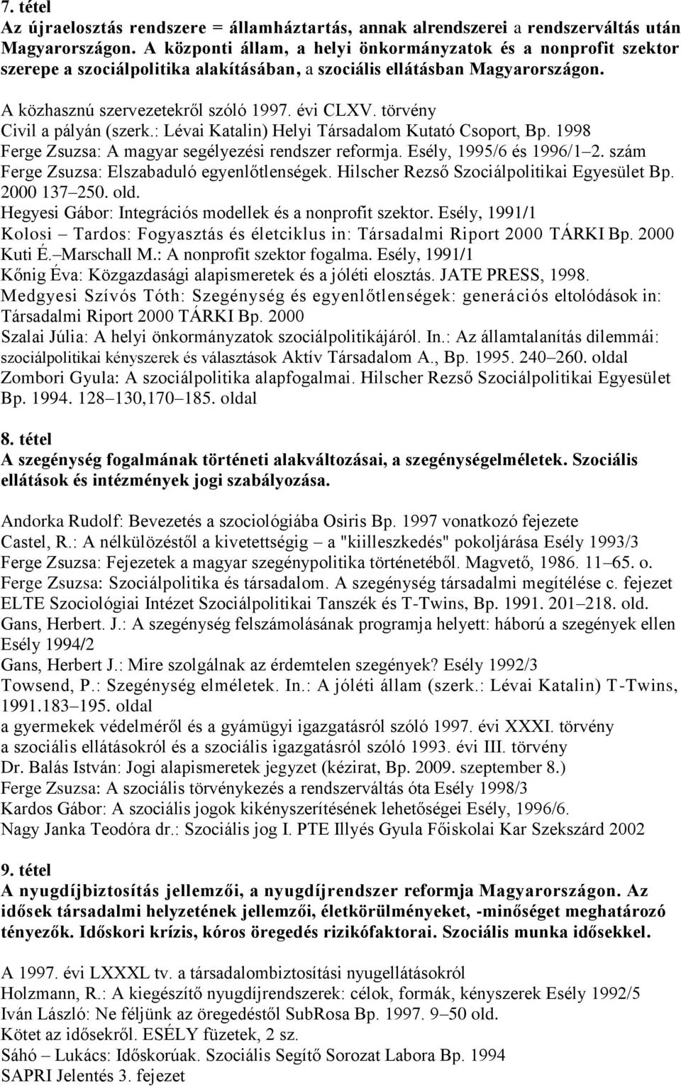 törvény Civil a pályán (szerk.: Lévai Katalin) Helyi Társadalom Kutató Csoport, Bp. 1998 Ferge Zsuzsa: A magyar segélyezési rendszer reformja. Esély, 1995/6 és 1996/1 2.