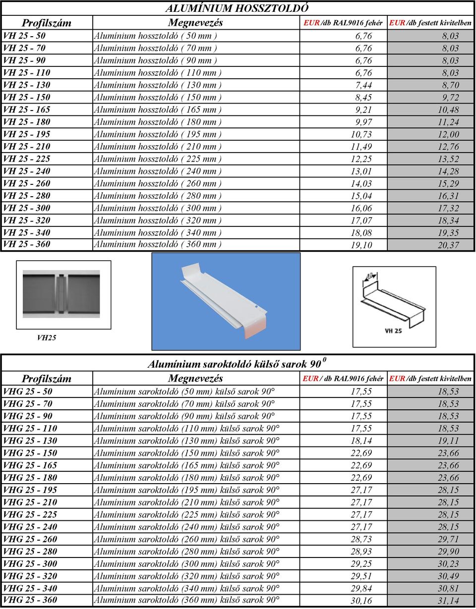 9,72 VH 25-165 Alumínium hossztoldó ( 165 mm ) 9,21 10,48 VH 25-180 Alumínium hossztoldó ( 180 mm ) 9,97 11,24 VH 25-195 Alumínium hossztoldó ( 195 mm ) 10,73 12,00 VH 25-210 Alumínium hossztoldó (
