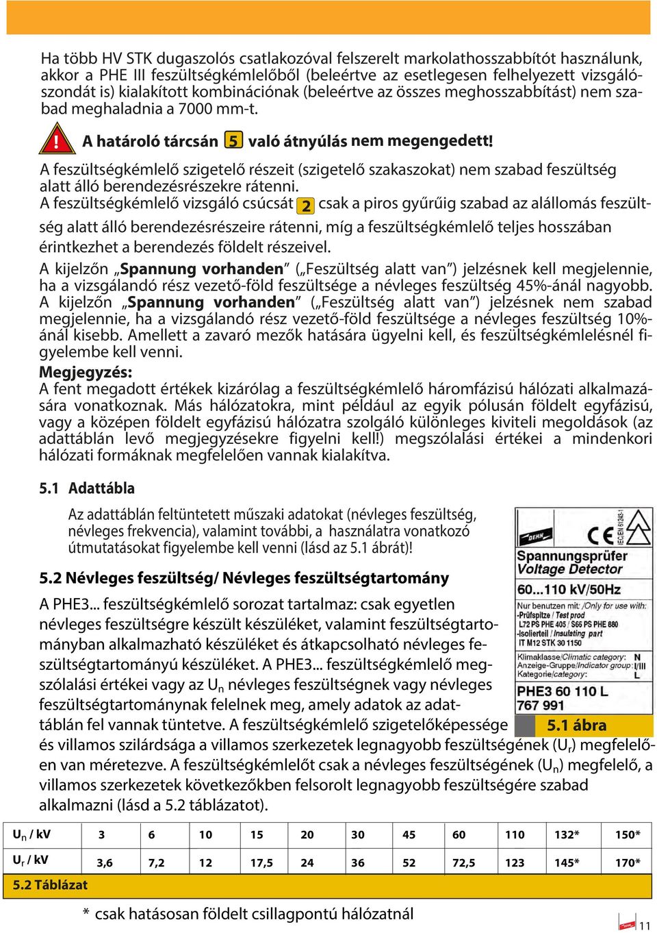 földelt részeivel. A kijelzőn Spannung vorhanden ( Feszültség alatt van ) jelzésnek kell megjelennie, ha a vizsgálandó rész vezető-föld feszültsége a névleges feszültség %-ánál nagyobb.