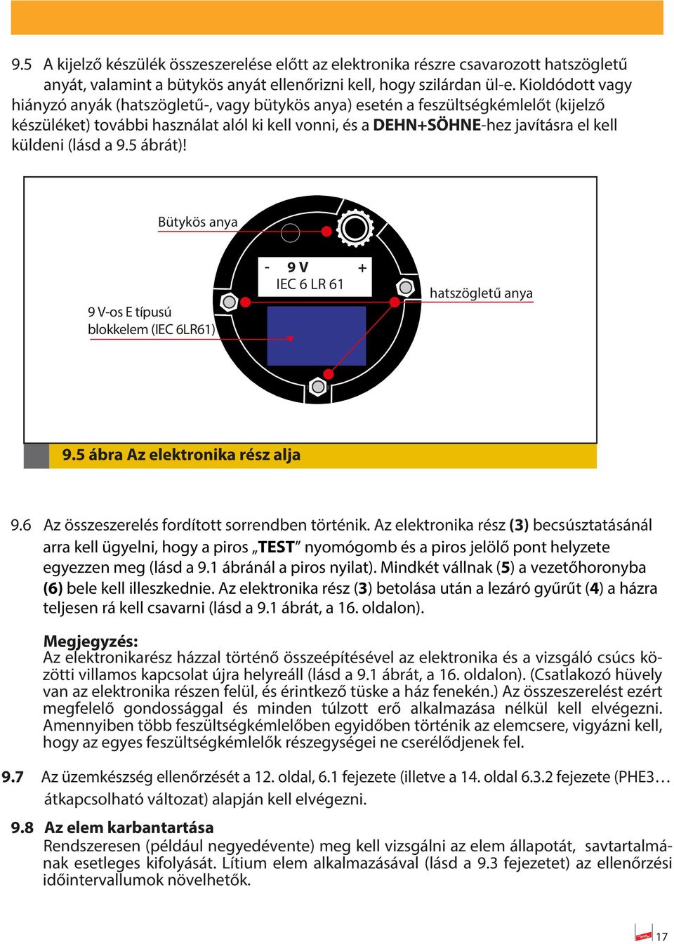 (lásd a 9. ábrát)! Bütykös anya 9 V-os E típusú blokkelem (IEC LR) - 9 V + IEC LR hatszögletű anya 9. ábra Az elektronika rész alja 9. Az összeszerelés fordított sorrendben történik.