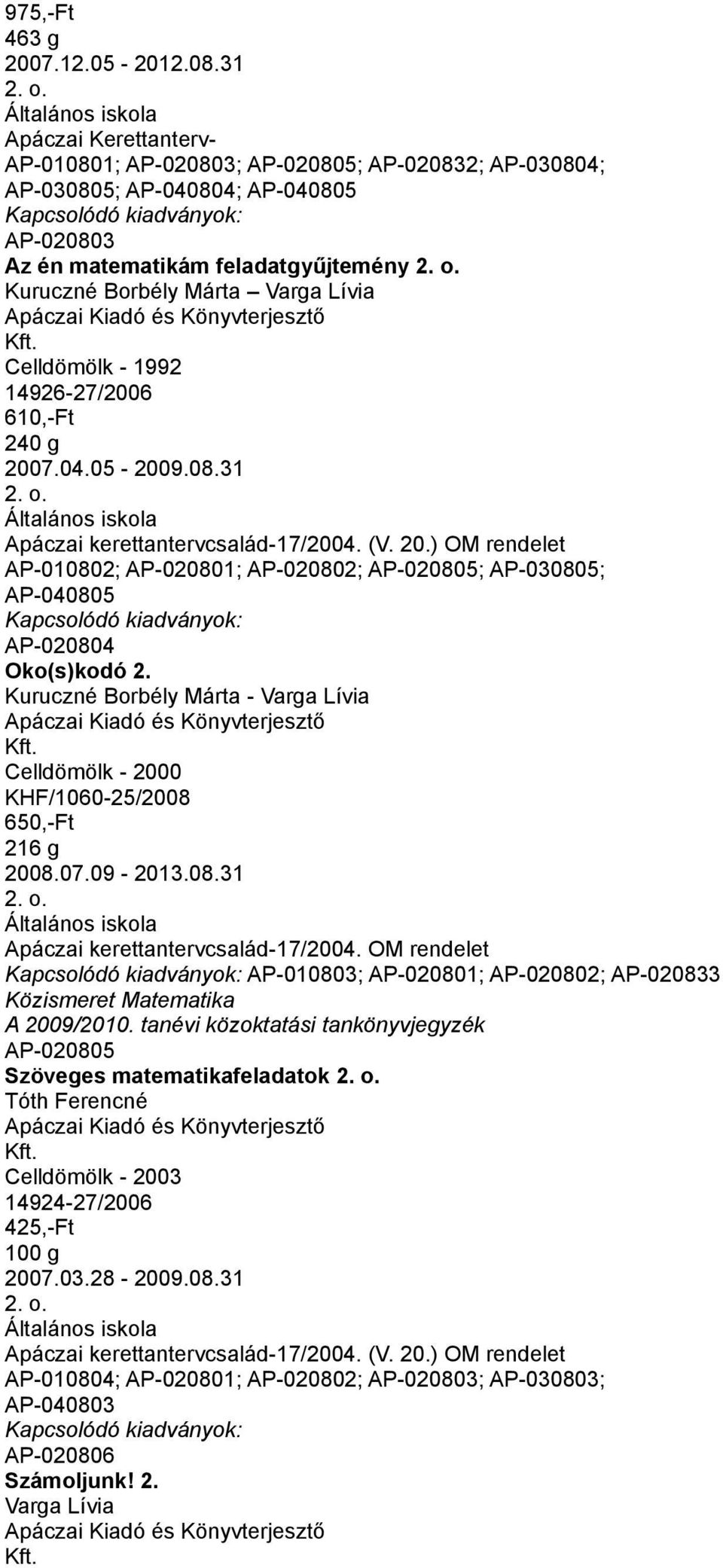 Apáczai Kiadó és Könyvterjesztő Kft. Celldömölk - 1992 14926-27/2006 610,-Ft 240 g 2007.04.05-2009.08.31 Apáczai kerettantervcsalád-17/2004. (V. 20.) OM rendelet AP-010802; AP-020801; AP-020802; AP-020805; AP-030805; AP-040805 AP-020804 Oko(s)kodó 2.