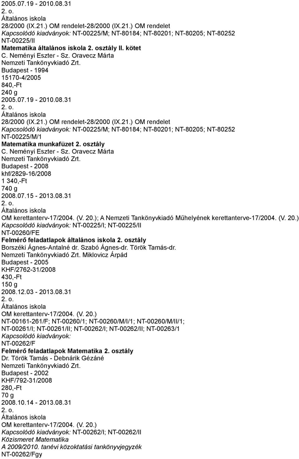 ) OM rendelet-28/2000 (IX.21.) OM rendelet NT-00225/M; NT-80184; NT-80201; NT-80205; NT-80252 NT-00225/M/1 Matematika munkafüzet 2. osztály C. Neményi Eszter - Sz.