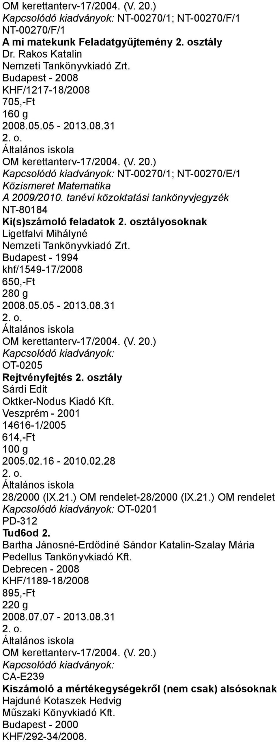 Veszprém - 2001 14616-1/2005 614,-Ft 100 g 2005.02.16-2010.02.28 28/2000 (IX.21.) OM rendelet-28/2000 (IX.21.) OM rendelet OT-0201 PD-312 Tud6od 2.