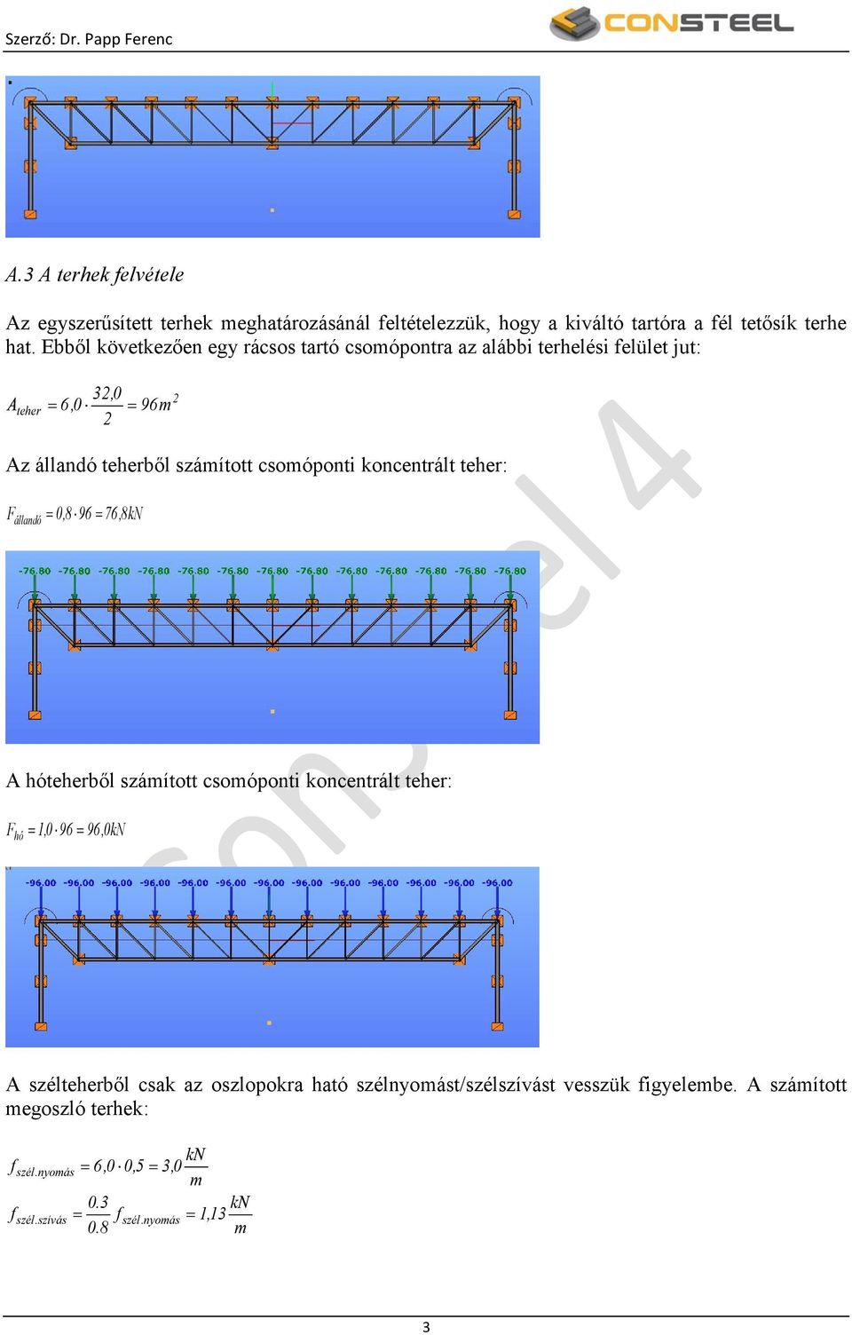 koncentrált teher: F állandó = 0,8 96 = 76,8kN A hóteherből számított csomóponti koncentrált teher: F hó = 1,0 96 = 96,0kN A szélteherből csak az