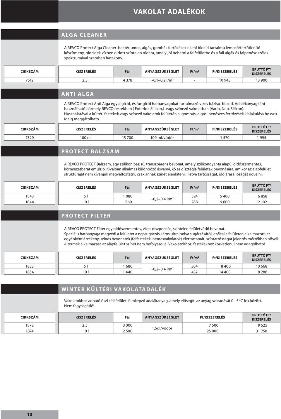 CIKKSZÁM KISZERELÉS Ft/l ANYAGSZÜKSÉGLET Ft/m 2 Ft/KISZERELÉS BRUTTÓ FT/ KISZERELÉS 7512 2,5 l 4 378 ~0,1 0,2 l/m 2-10 945 13 900 ANTI ALGA A REVCO Protect Anti Alga egy algicid, és fungicid