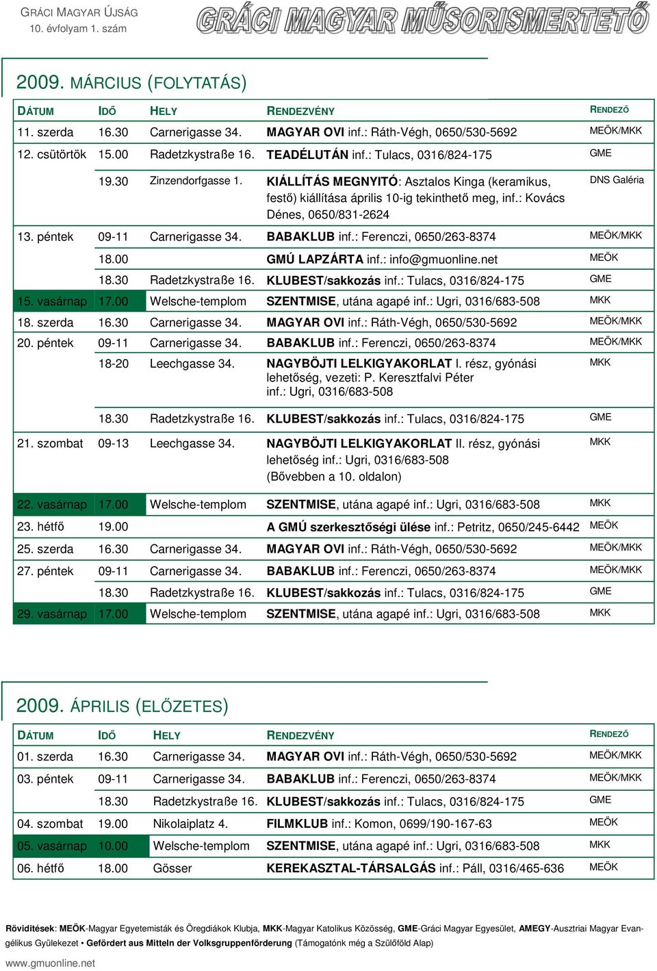 péntek 09-11 Carnerigasse 34. BABAKLUB inf.: Ferenczi, 0650/263-8374 MEÖK/MKK 18.00 GMÚ LAPZÁRTA inf.: info@gmuonline.net MEÖK 15. vasárnap 17.00 Welsche-templom SZENTMISE, utána agapé inf.