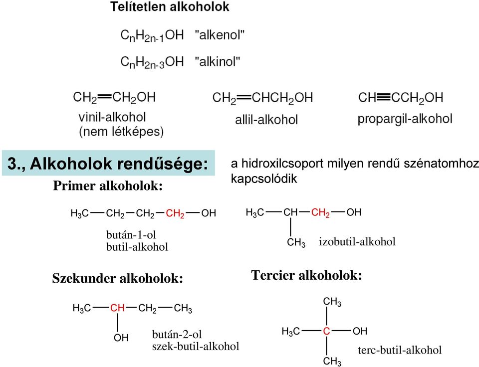 butil-alkohol CH 3 izobutil-alkohol Szekunder alkoholok: Tercier alkoholok: