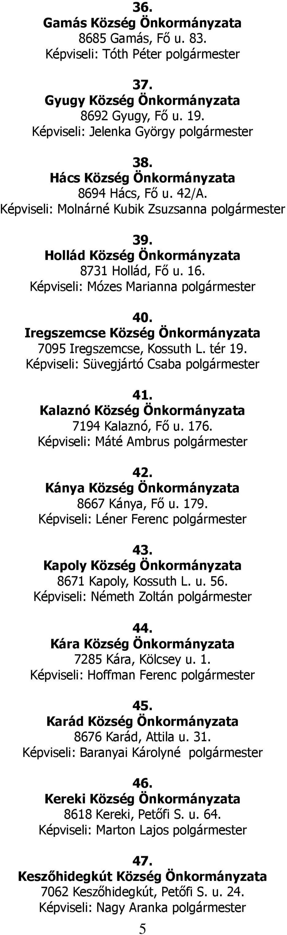 Képviseli: Süvegjártó Csaba polgármester 41. Kalaznó Község 7194 Kalaznó, Fő u. 176. Képviseli: Máté Ambrus polgármester 42. Kánya Község 8667 Kánya, Fő u. 179.