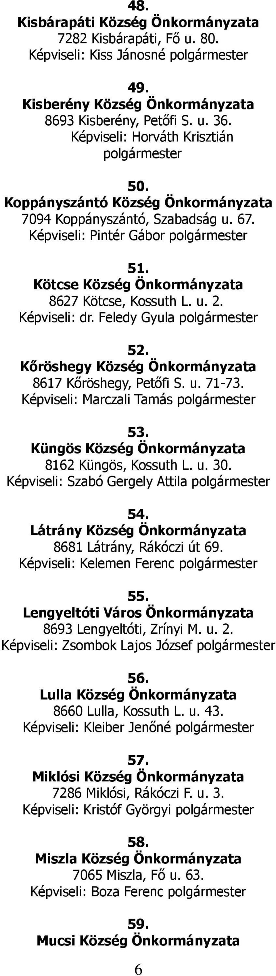 Kőröshegy Község 8617 Kőröshegy, Petőfi S. u. 71-73. Képviseli: Marczali Tamás polgármester 53. Küngös Község 8162 Küngös, Kossuth L. u. 30. Képviseli: Szabó Gergely Attila polgármester 54.