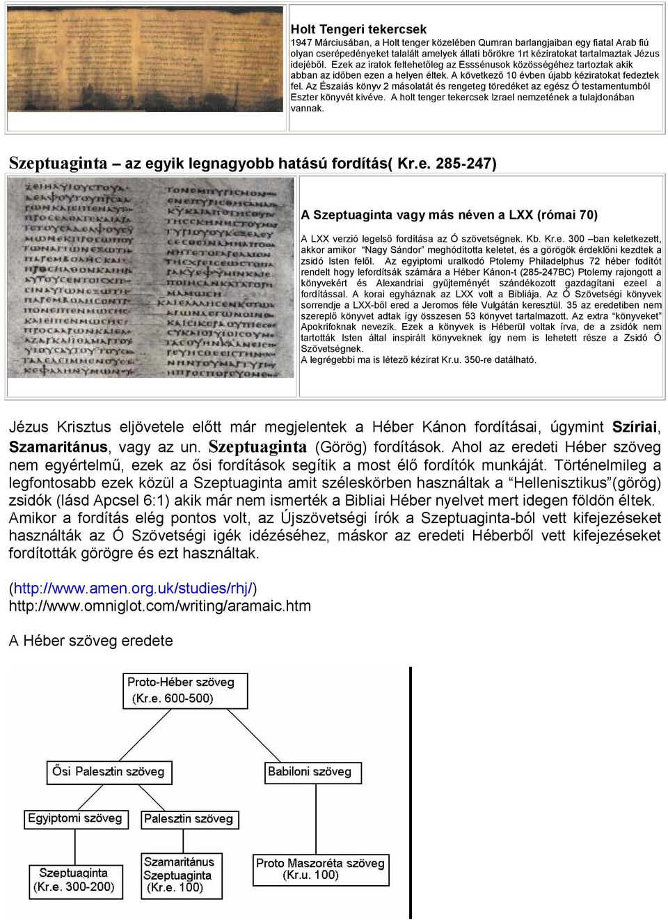Az Észaiás könyv 2 másolatát és rengeteg töredéket az egész Ó testamentumból Eszter könyvét kivéve. A holt tenger tekercsek Izrael nemzetének a tulajdonában vannak.