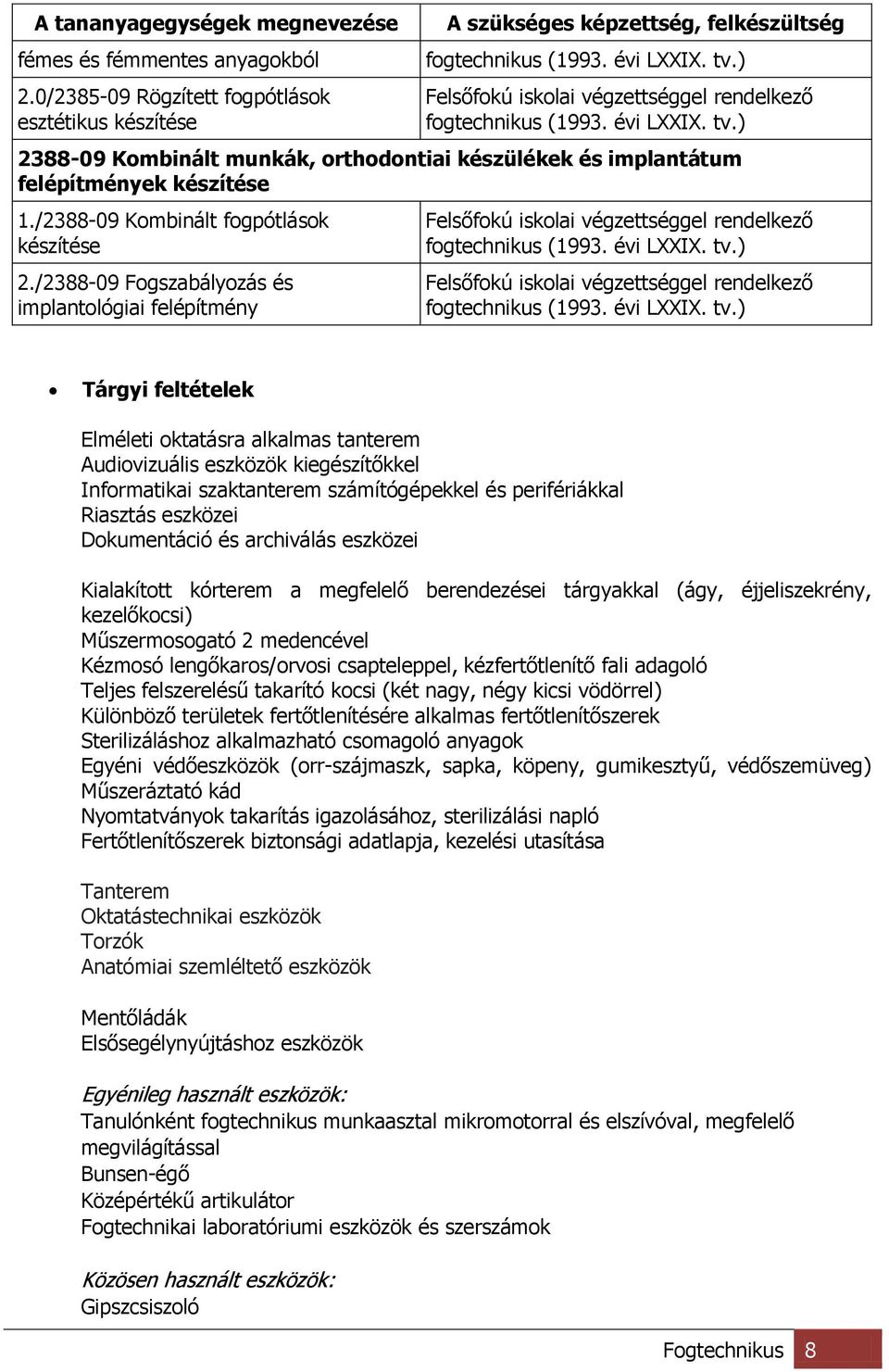 /2388-09 Kombinált fogpótlások készítése 2./2388-09 Fogszabályozás és implantológiai felépítmény Felsőfokú iskolai végzettséggel rendelkező fogtechnikus (1993. évi LXXIX. tv.