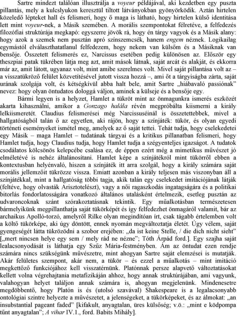 A morális szempontokat félretéve, a felfedezés filozófiai struktúrája megkapó: egyszerre jövök rá, hogy én tárgy vagyok és a Másik alany: hogy azok a szemek nem pusztán apró színszemcsék, hanem engem