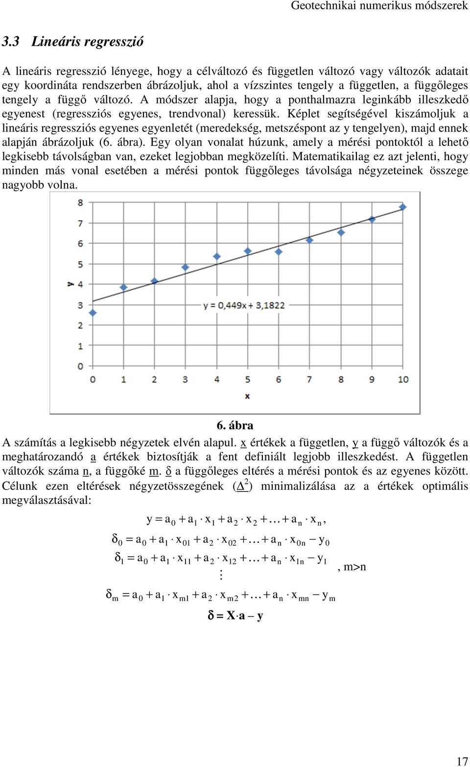 Képlet segítségével kiszámoljuk a lineáris regressziós egyenes egyenletét (meredekség, metszéspont az y tengelyen), majd ennek alapján ábrázoljuk (6. ábra).