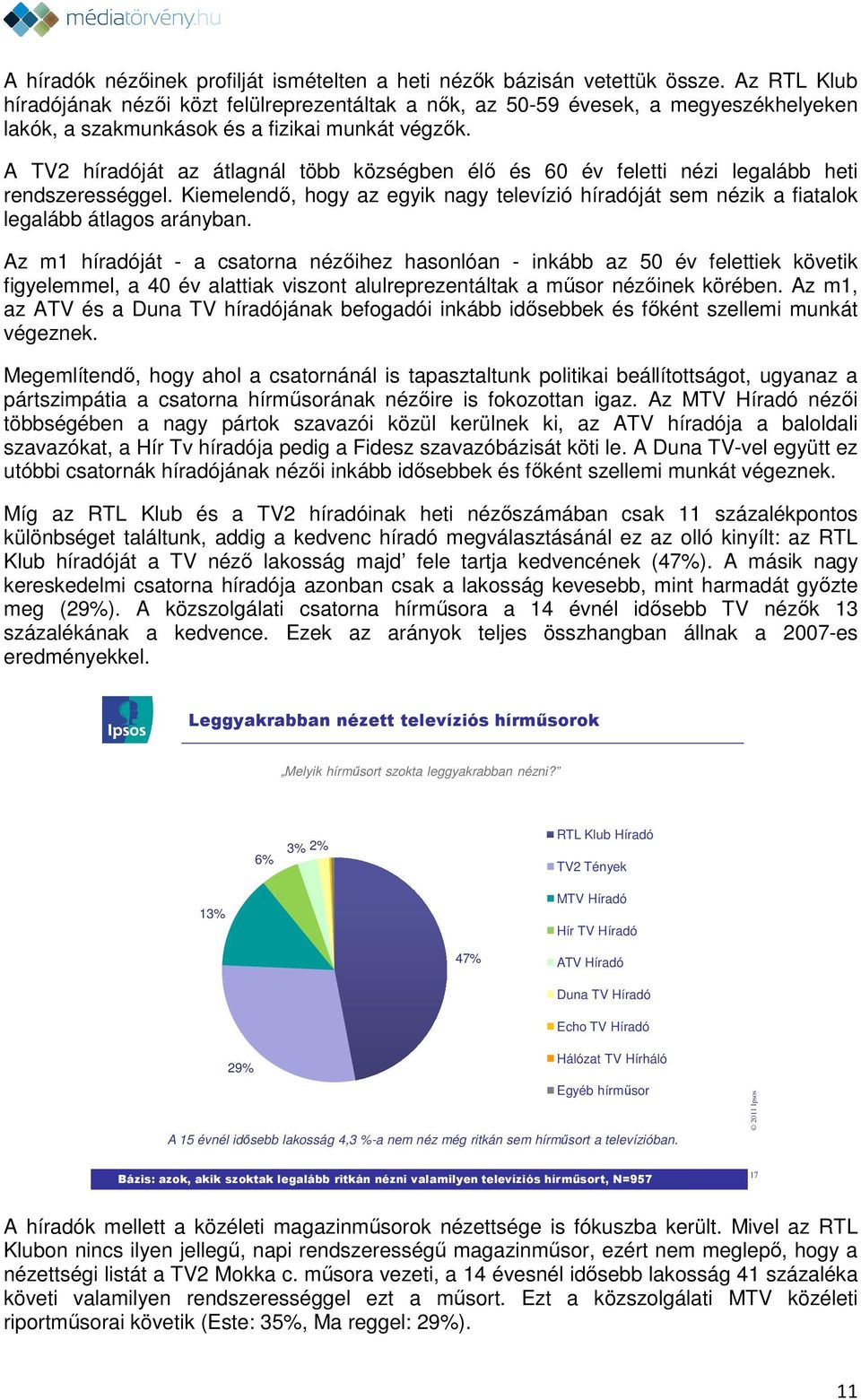 A TV2 híradóját az átlagnál több községben élő és 60 év feletti nézi legalább heti rendszerességgel. Kiemelendő, hogy az egyik nagy televízió híradóját sem nézik a fiatalok legalább átlagos arányban.